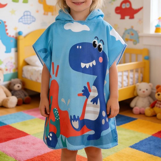 Kinder Badponcho - Dino Design - Na het zwemmen - Zachte microvezel - 60 x 120 cm - Blauw — afbeelding 2