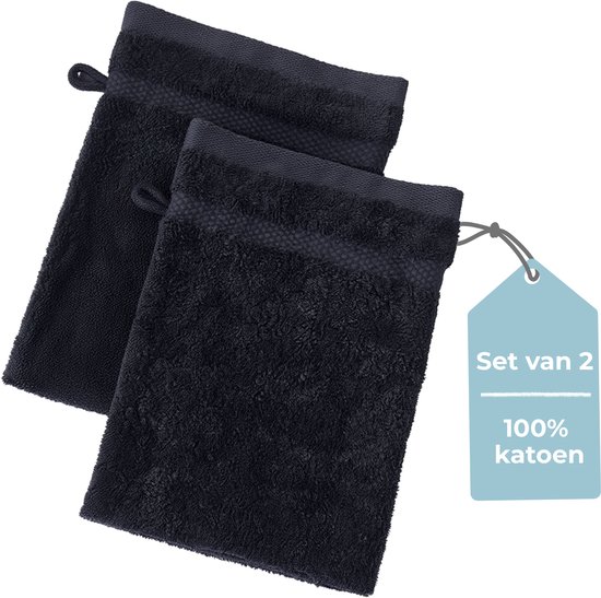 Ensemble de 2 gants de toilette noirs en 100% coton avec boucle de suspension.