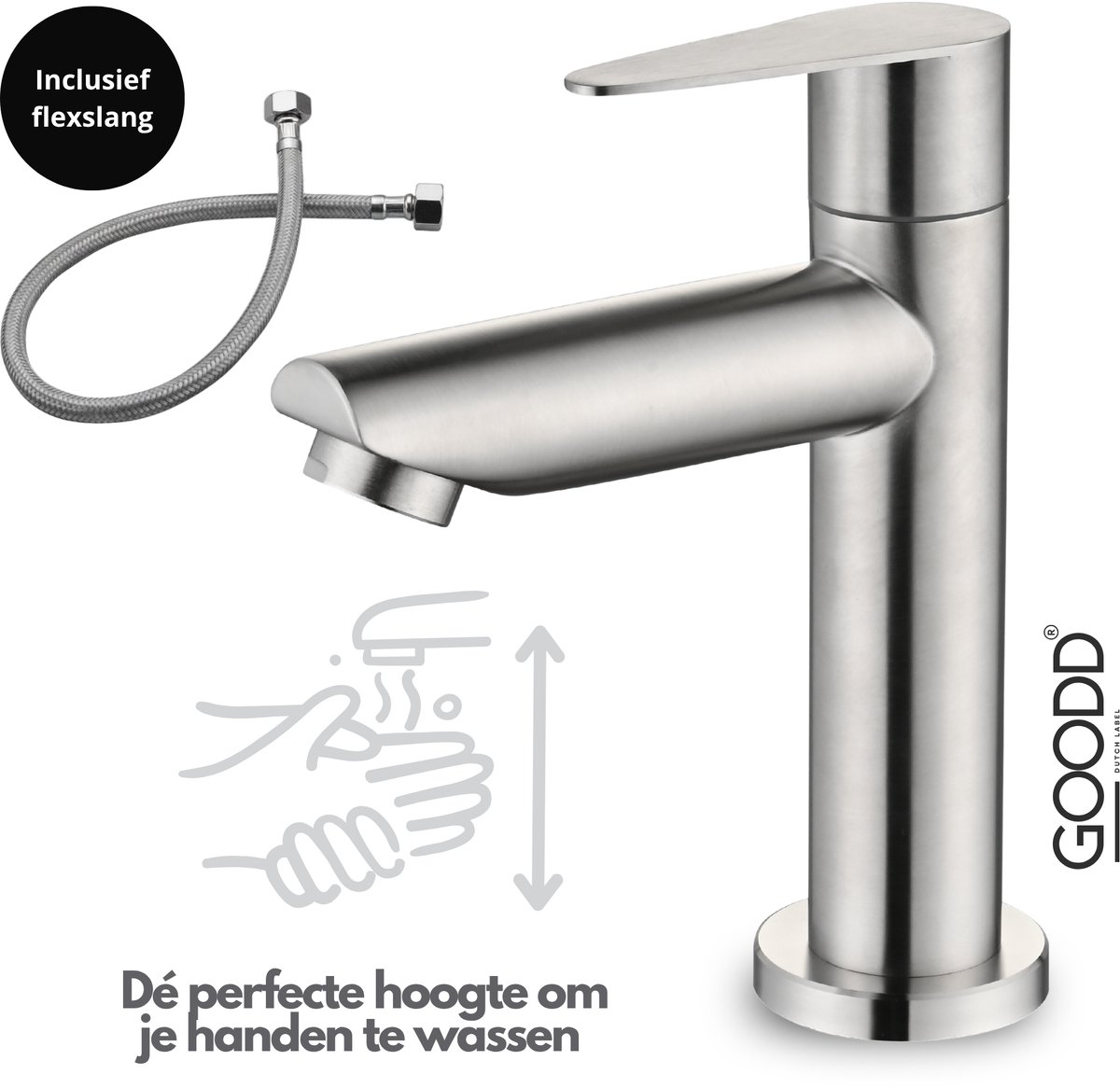 GOODD® - Fonteinkraan - Koudwaterkraan - Toiletkraan - Wc kraan - Rvs - Aansluitslang
