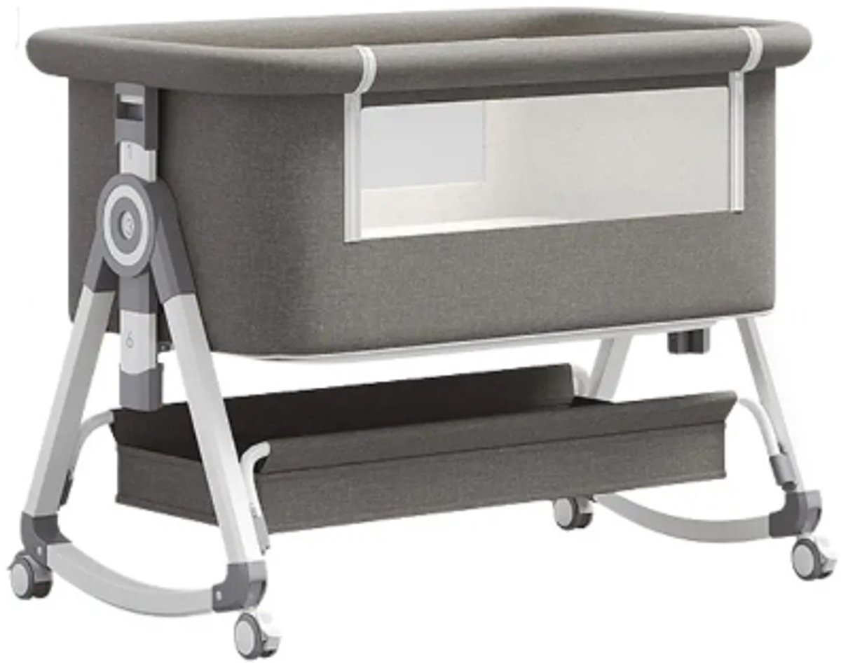M-Goods - Babybedje Aan Bed met Wieltjes en Opbergmand – Verstelbare Co-Sleeper Babywieg met Matras en Muskietennet – Grijs