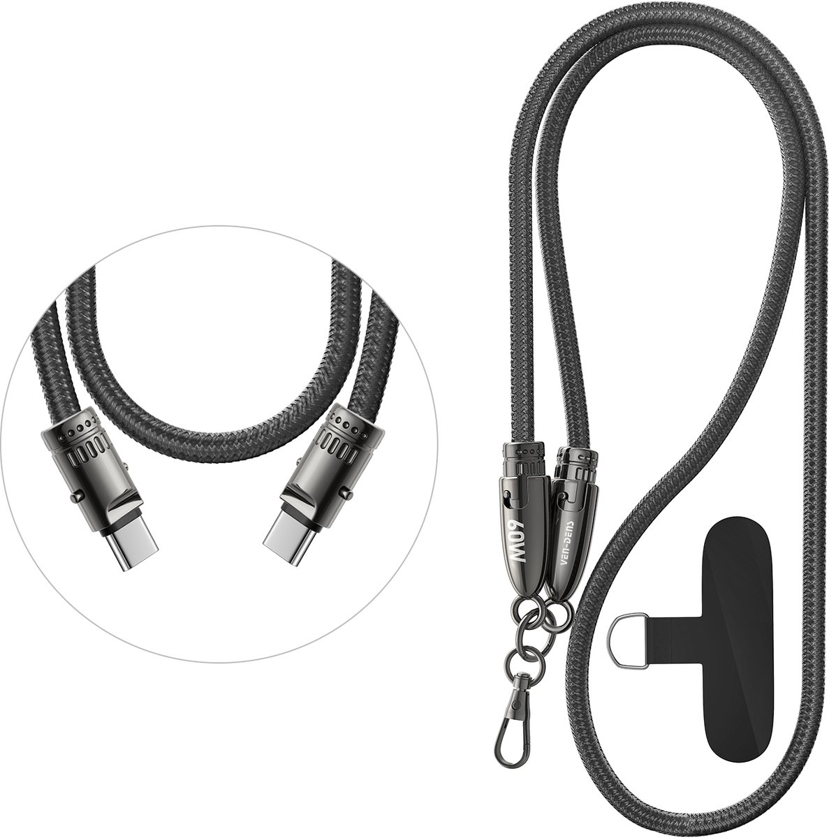 Ven-Dens 60W snellaadbare Type-C naar Type-C gevlochten datakabel (1,2 m) met connectoren van zinklegering en draagkoord.