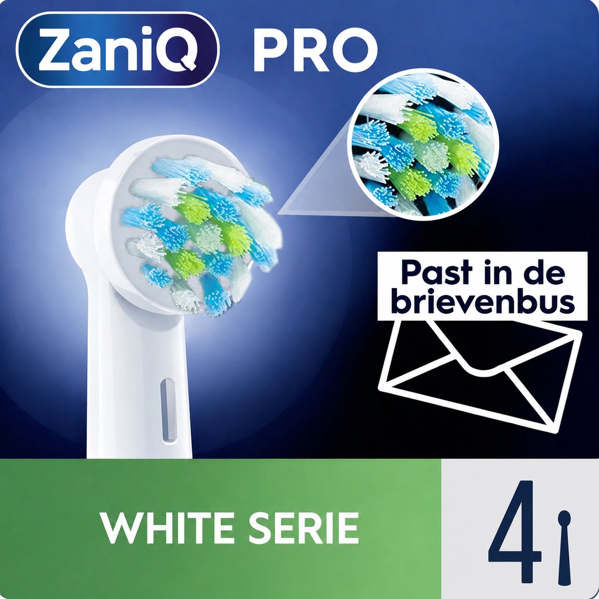 ZaniQ– Pro White Serie – Opzetborstels 4 stuks – Wit -NIET GESCHIKT VOOR iO - Compatibel met handvatten waarop Oral-B Cross Action opzetborstels passen - Brievenbusverpakking