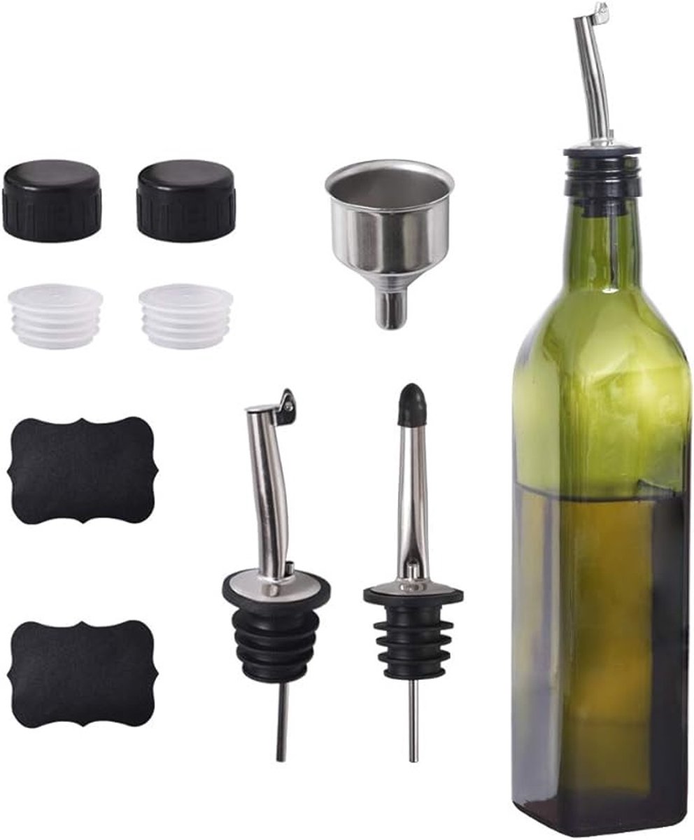 Olijfoliefles met schenktuit en trechter, 500 ml, groen glas