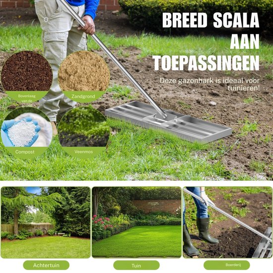Damenzo - Hark - Gazonhark - Tuingereedschap - Egaliseren - Egaliserende hark - Tuin - Gazon - 115x25cm - Staal - Zilver van damenzo — afbeelding 3