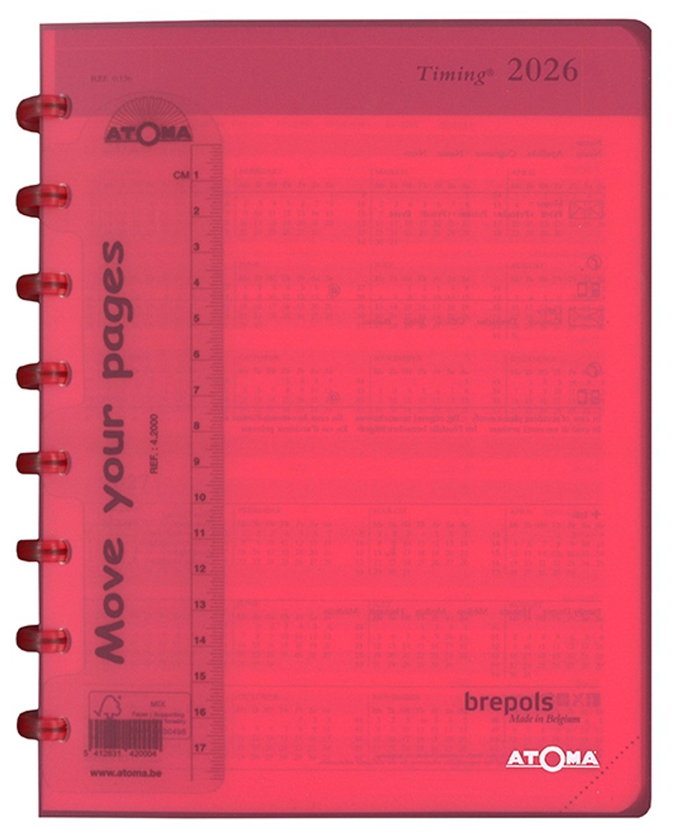 Brepols agenda 2026 - TIMING - ATOMA - Bureau agenda - 1 week op 2 pagina's - Kolom - Weekoverzicht - Fuchsia - 18 x 22 cm