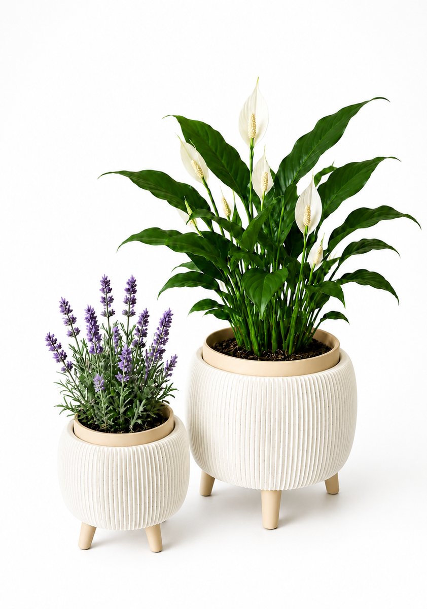 Bloempot voor Binnen - Beige & Gebroken wit- Geribbeld Design - Scandinavische Woondecoratie - Op Pootjes