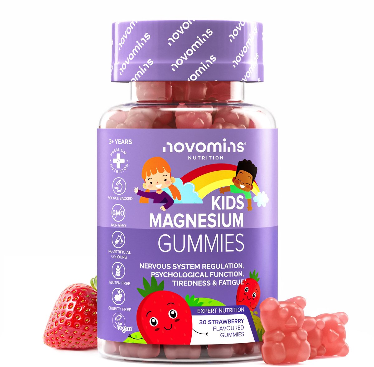 Kinder Magnesium, 546 mg Magnesiumcitraat, 30 Gummies, Vegan, Halal, Getest door Eurofins, Novomins