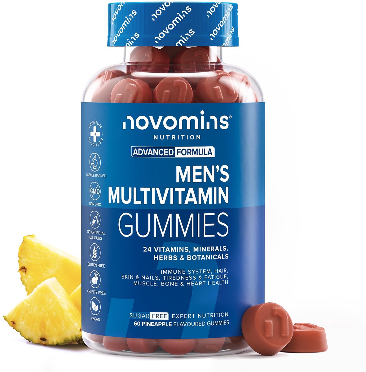 Multivitamine voor Mannen, 24 Vitaminen, Mineralen, 60 Gummies, Suikervrij, Vegan, Halal, Getest door Eurofins, Novomins