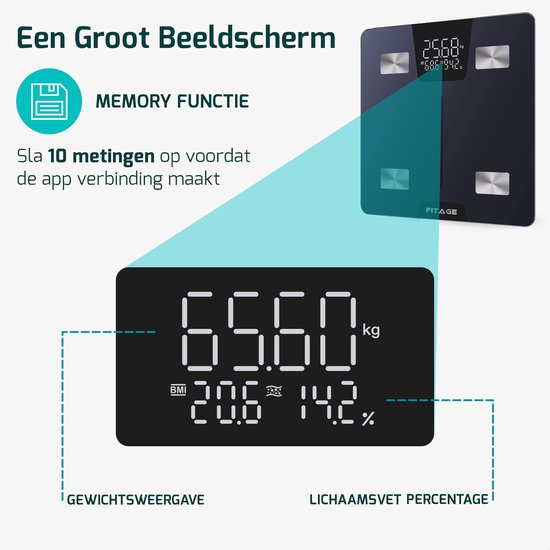 Zwarte FITAGE weegschaal met een groot display dat 65.60 kg, BMI 20.6 en 14.2% lichaamsvet weergeeft. Met geheugenfunctie voor 10 metingen.