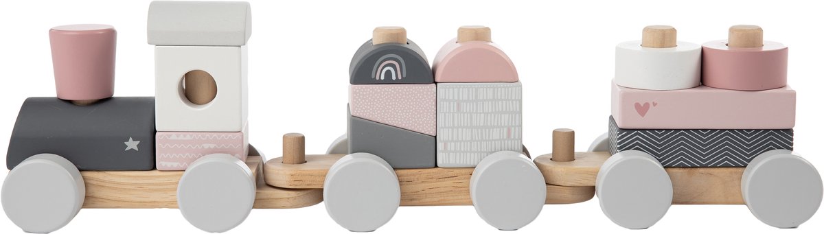 Label Label - Houten Blokkentrein - Roze - FSC Hout - 14 Delen - Stimuleert Creatief Spelen - Geschikt voor Kindjes vanaf 18 Maanden