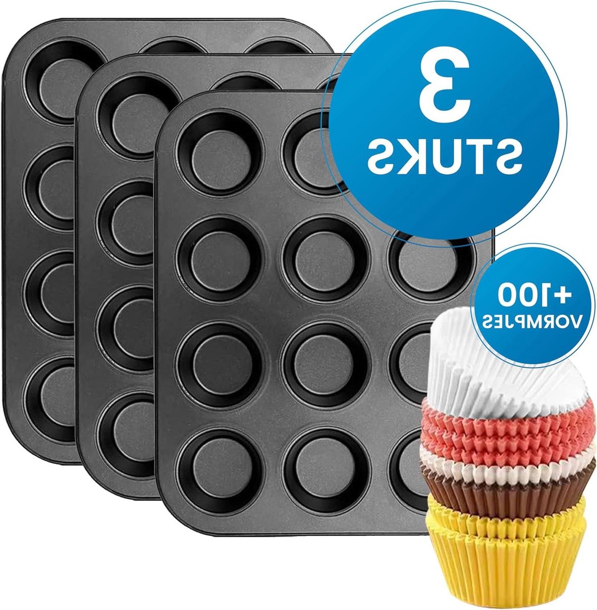 Cupcake Bakvorm - Muffin Bakvorm - Koekjes Bakken - Non-stick Coating - 3 Stuks - Zwart
