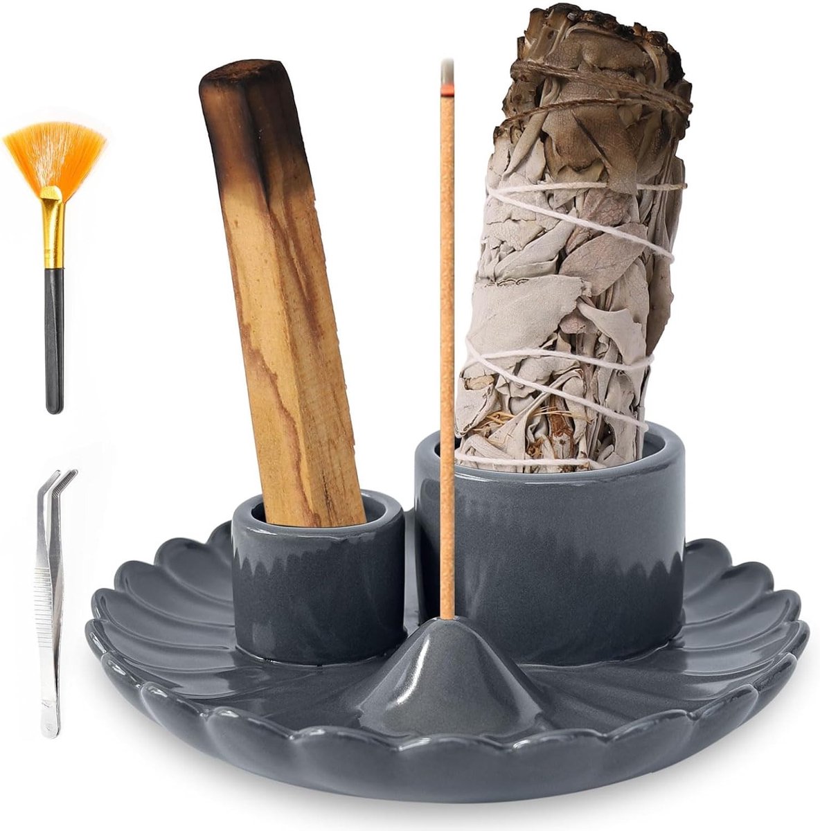 Handgemaakte 4-in-1 Wierookkom voor Meditatie, Inclusief Wierookstokjes en Witte Salie, Keramische Asopvangtray voor Yoga en Ontspanning