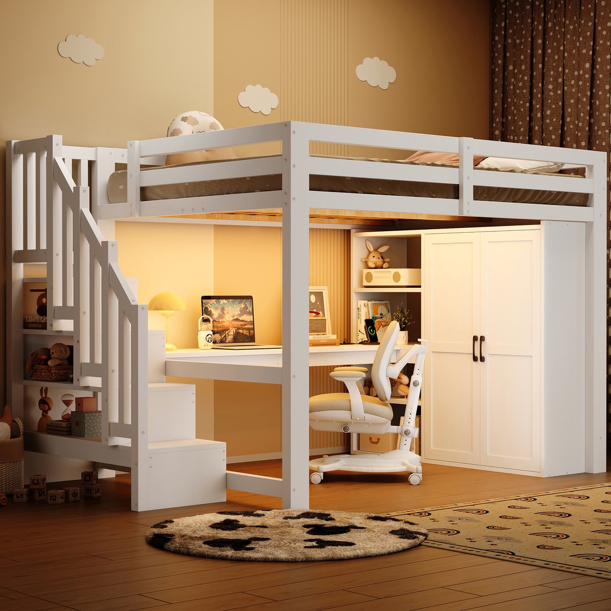 140x200cm hoogslaper met bureau en boekenplank - kledingkast - opberstrap - USB en LED-verlichting - wit - zonder matras