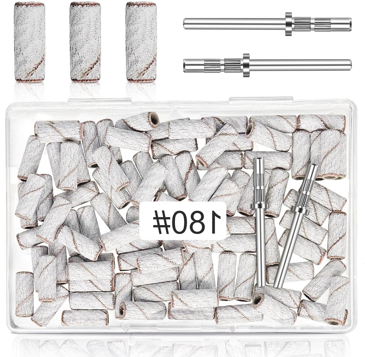 Set van 100 Mini Schuurbanden met 180 Grit voor Nagels, Inclusief 2 Boorkoppen, Geschikt voor Acrylnagels, Gel, Modelling, Manicure en Pedicure