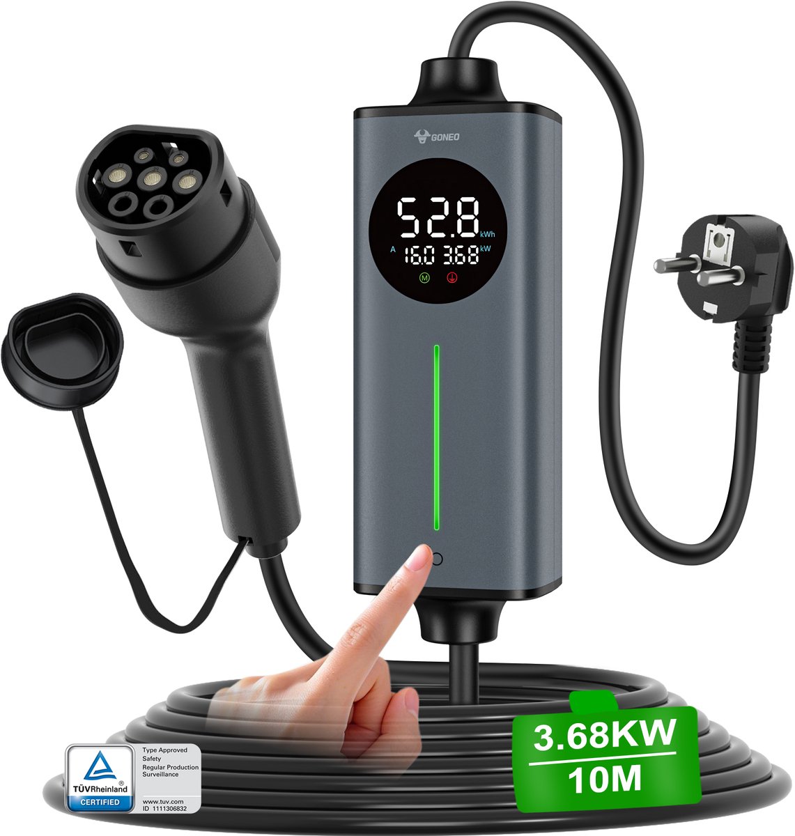 Mobiele Thuislader Type 2 vanaf stopcontact – 3,7 kW 10m 16A EV oplader – Instelbare laadstroom - Timer - Temperatuurcontrole & Aardingsbeveiliging