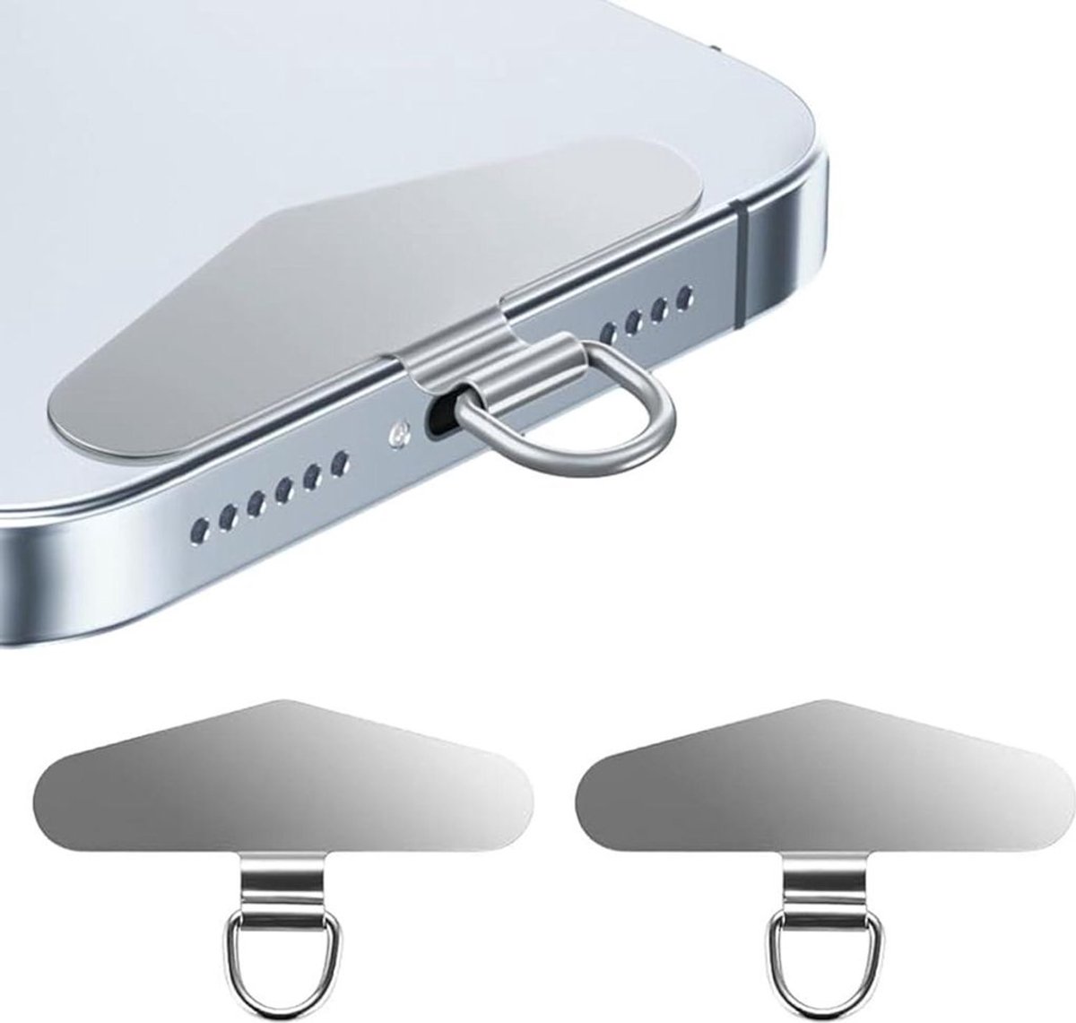 Tweedelig universeel telefoonkoordkussen, gemaakt van roestvrij staal, met multifunctionele bevestigingspunten voor het telefoonkoord, universele telefoonketting, geschikt voor de meeste smartphones.
