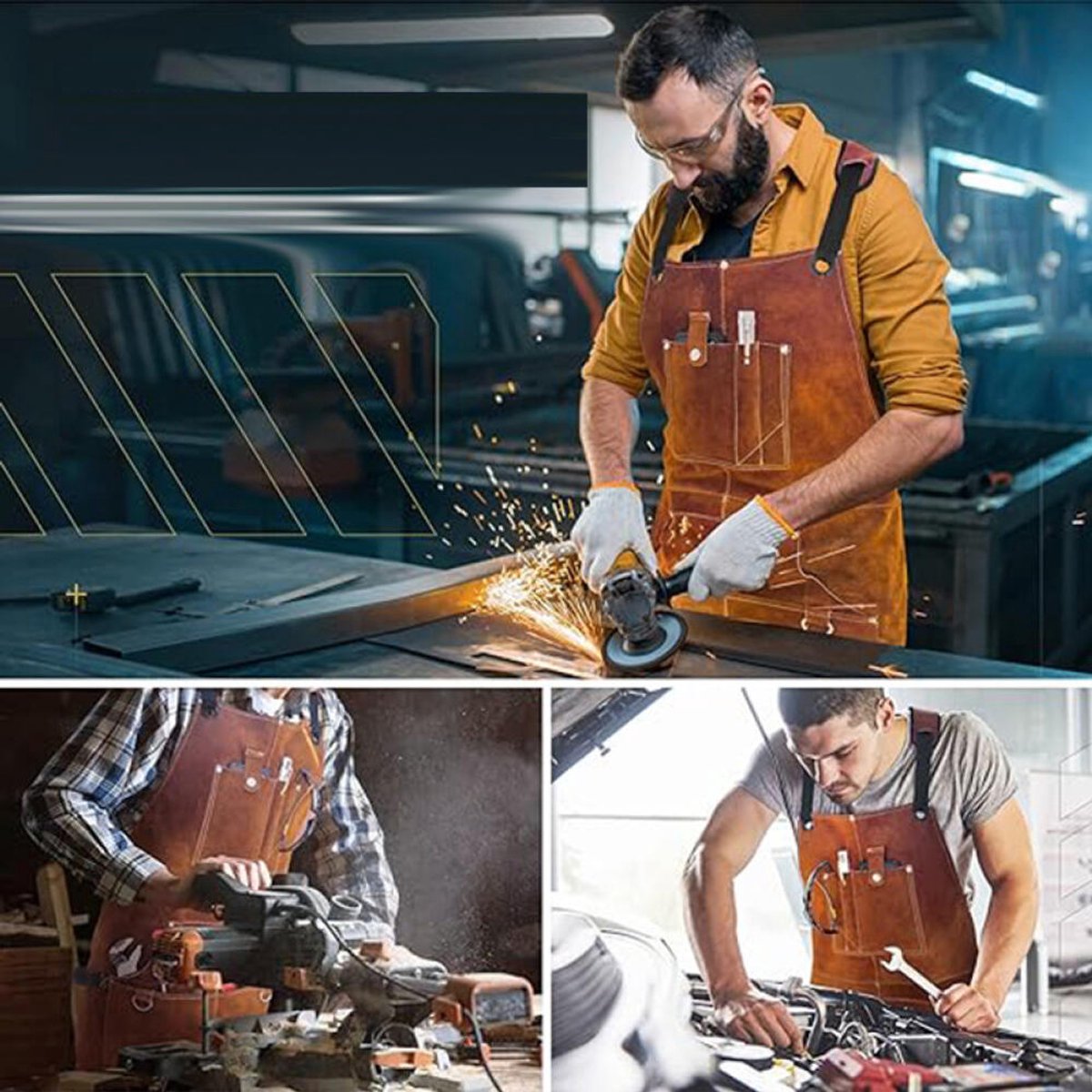 Werkschort - Lasschort - Barbecue Schort - Keukenschort - Hittebestendig - met 6 zakken - Verstelbaar - BBQ Schort - timmermansschort voor heren - Tuinschort - Unisex - voor smid, monteur, werkplaats - Cadeau voor Vaderdag of Verjaardag - bruin — cadeau in Hobby - foto 4