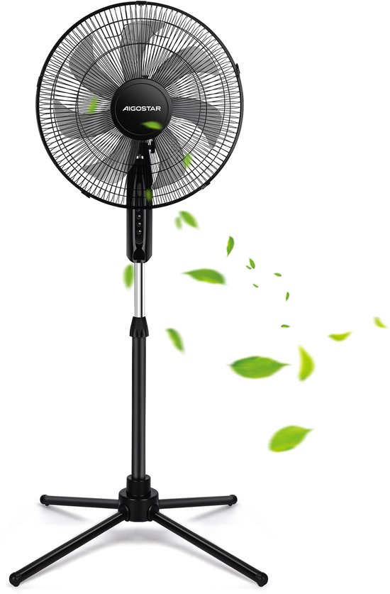 Aigostar Elsie statiefventilator 7 bladen, stille 50W motor, 3 snelheden, oscillatie 70°, in hoogte verstelbaar zwart