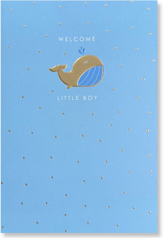 Blauwe kaart met gouden walvis en gouden stippen. Tekst: 'WELCOME LITTLE BOY'.