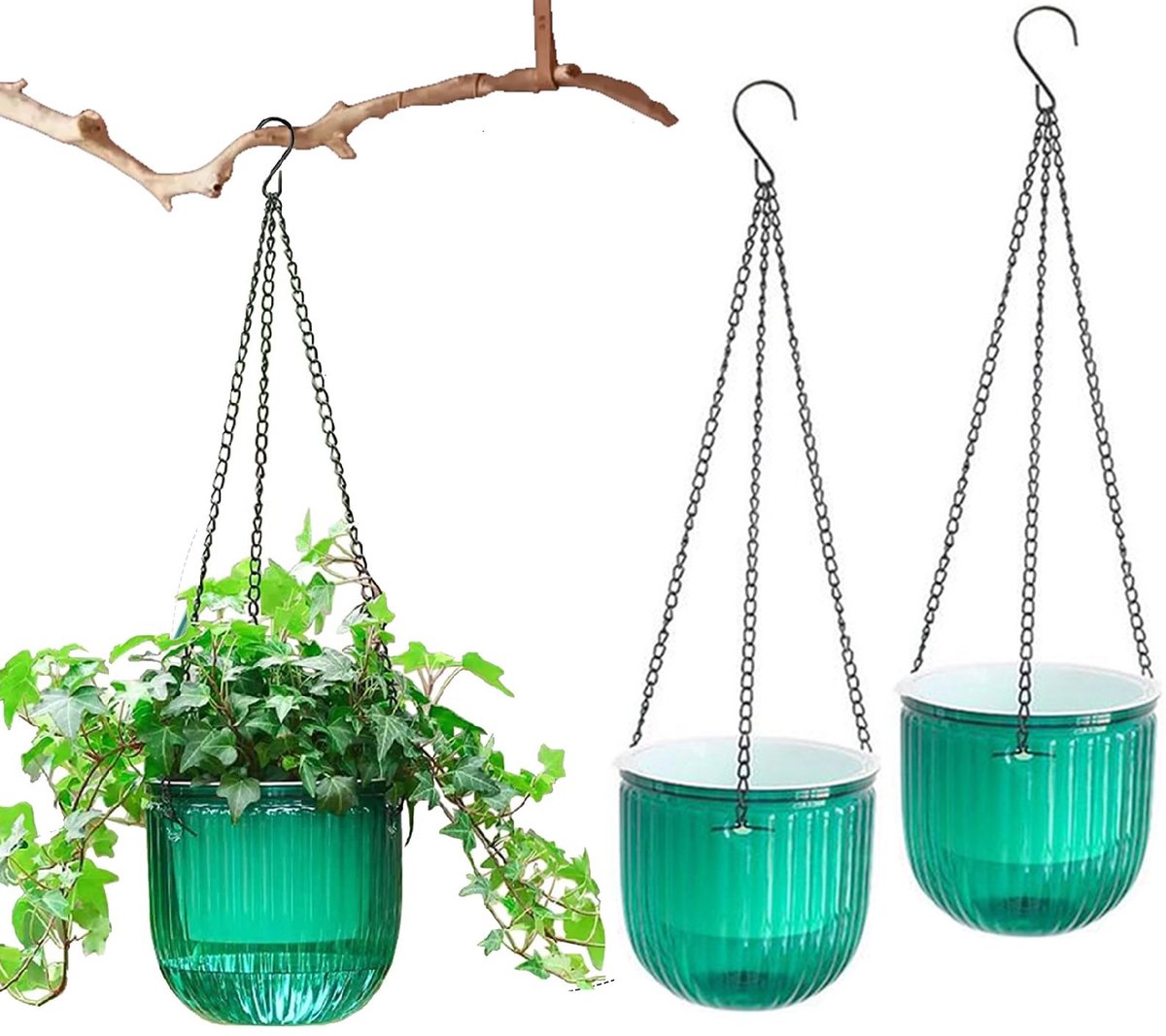 2 Stuks Zelfwatergevende Hangplantenbak – Zichtbaar waterniveau – Met drainagegaten – Roestbestendige ophangketting – Ø 16,5 cm – Smaragdgroen