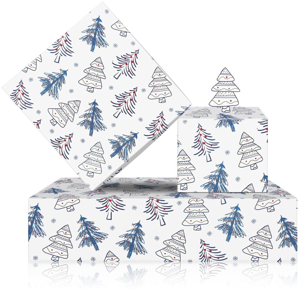 Dailygoods- Inpakpapier Feestdagen - 4 Vellen 50x70 cm - Cartoon Kerstboom/Rode Ballen - Winter Geschenkverpakking - Creatief voor Ambachten - Blauw/Wit Kleurenschema - Cadeaupapier