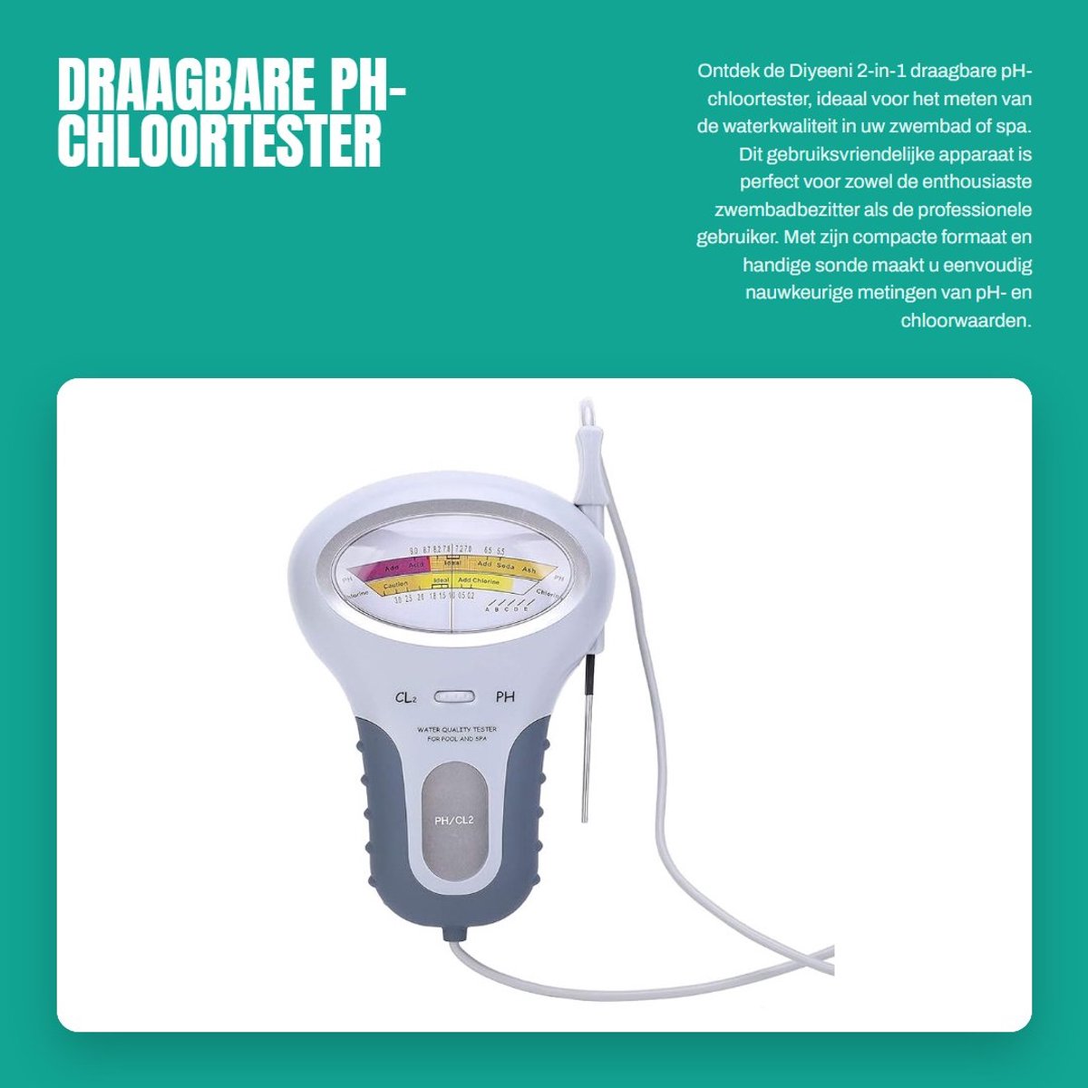 Dailygoods - Draagbare pH-chloortester - Waterkwaliteitsmeter - Geschikt voor zwembad en spa - Watertester - Handig voor thuisgebruik - Inclusief sonde