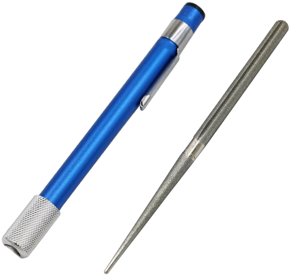 Dailygoods- Messenslijpstift set van 2 - Draagbare slijpstift - Diamantslijpstift - Geschikt voor keuken/buiten - Eenvoudig in gebruik - Afmetingen 124x9x12mm/130x6,5x1mm - Slijper