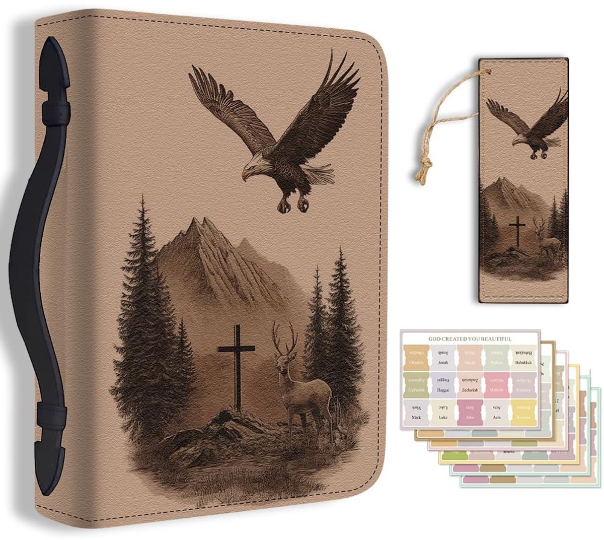 Dailygoods- Bijbelcover Groot Formaat - PU Lederen Bijbelhoes - Bladwijzer - Draagtas - Kruis/Adelaar Patroon - 20.3x28.5x5.9cm