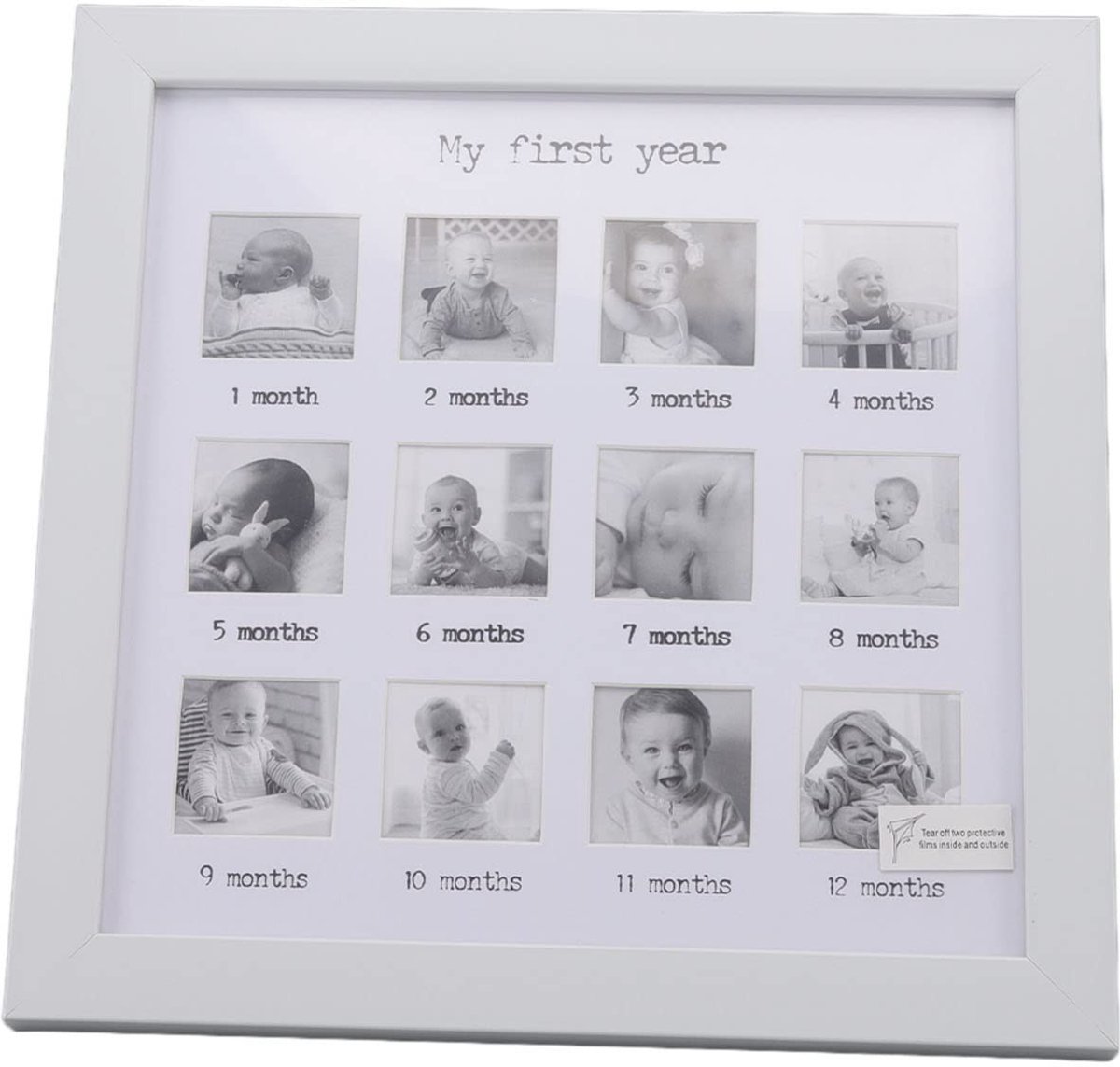 Dailygoods- Fotolijst Baby Eerste Jaar - Groeirecord - Wit - 25x25cm - Density Board - Polystyreen - 12 Maanden Registratie - Groeifotolijst
