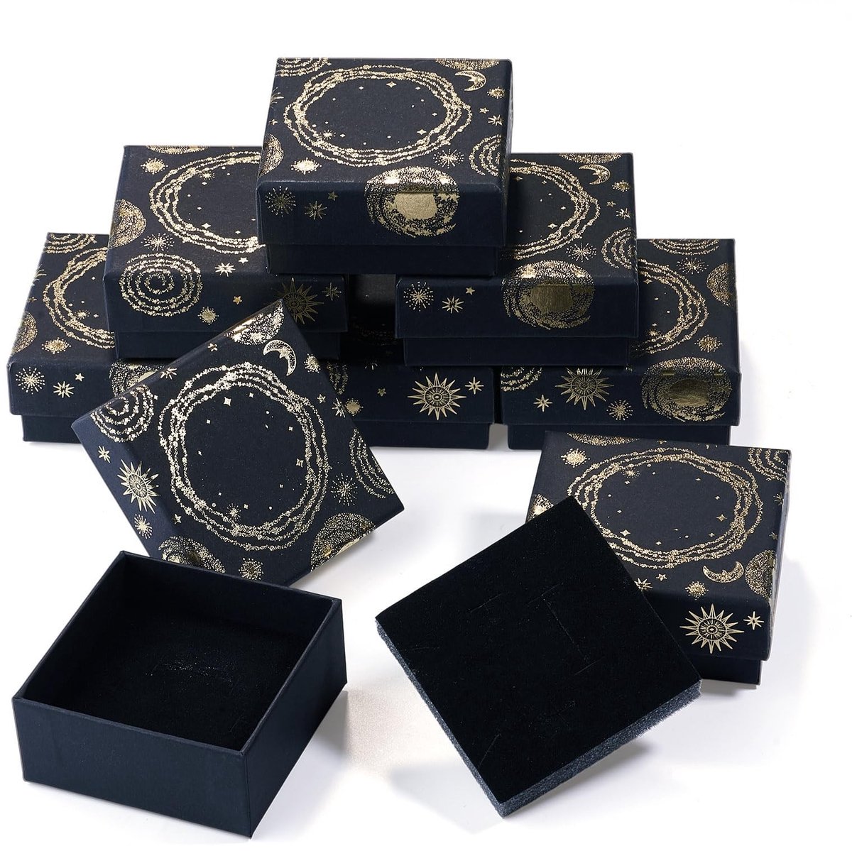 Dailygoods- Sieradenbox 10 Stuks - Kartonnen Geschenkdozen - Zwart met Zon/Maan/Ster - 9,1x9,1x2,95 cm - Lichtgewicht - Voor Sieraden Opslag - Cadeauverpakking