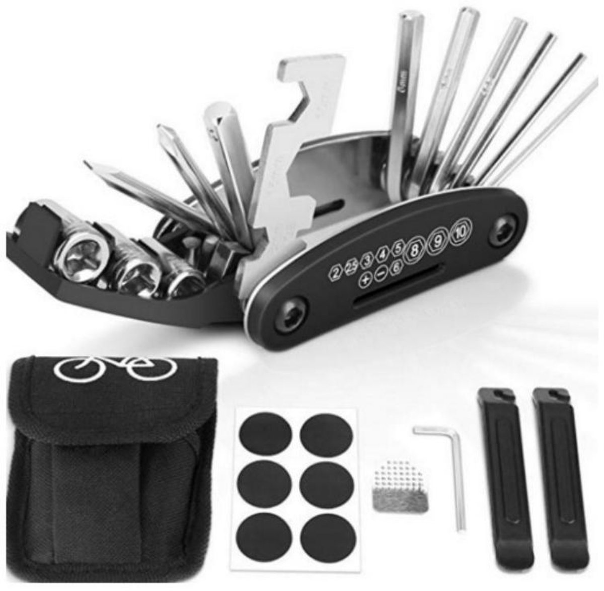 16-in-1 fietsmultitool - Opvouwbare stalen fietsreparatietas - Geschikt voor fietsreparaties, compact en lichtgewicht, zwart