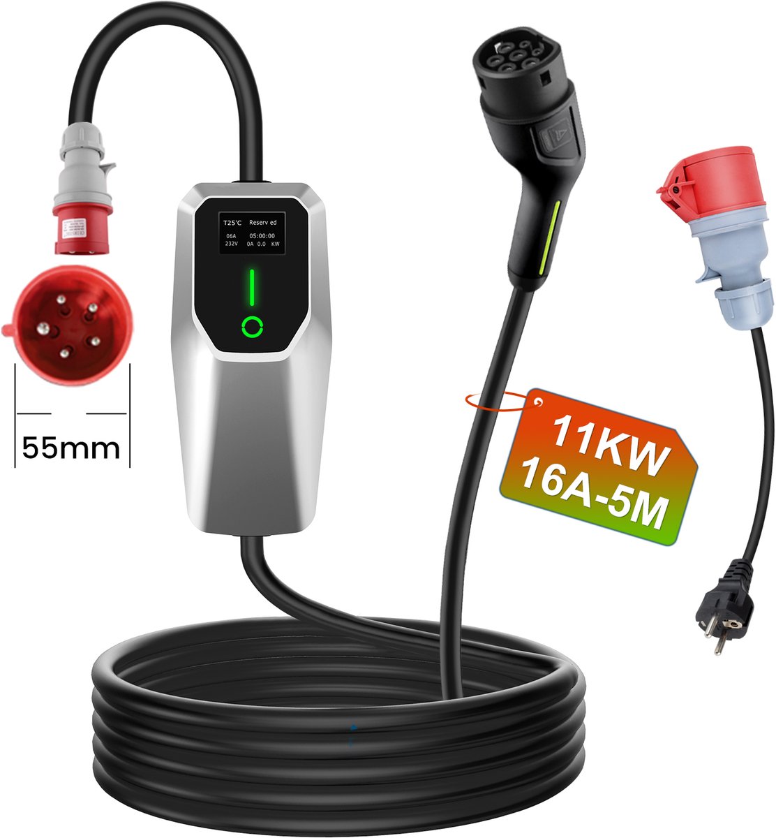 Hexinex Mobiele Thuislader 11kW - CEE naar Type 2 stekker - 5 meter Laadkabel - 16A 3 fase - IP66 Waterdicht EV Oplader - LCD Digitaal Display