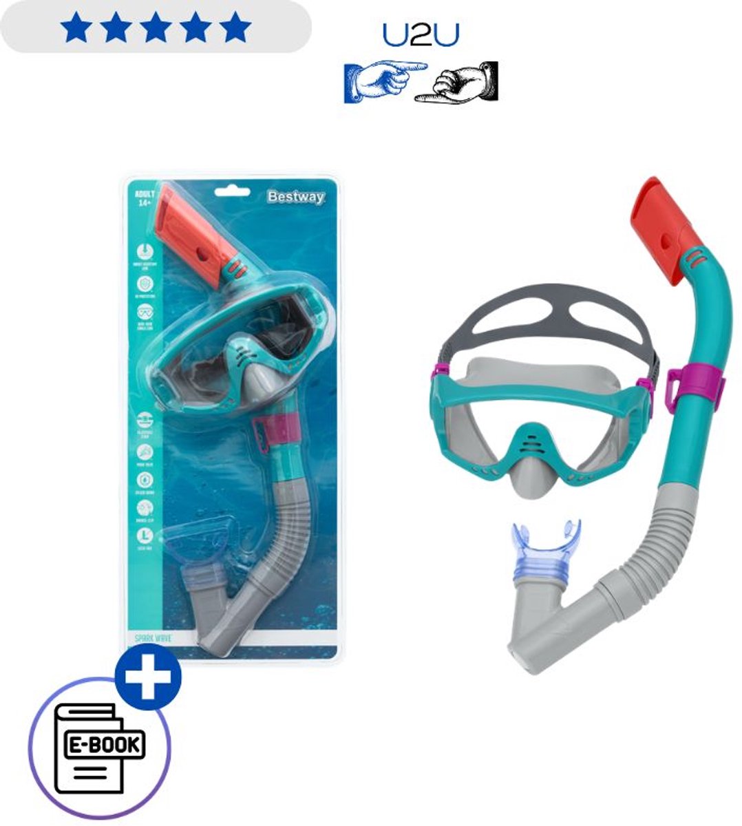 Bestway Duikset 24068 Blauw Masker Met Snorkel 14+ Gehard Glas Snorkelset UV Bescherming Verstelbare Band Latexvrij Duikmasker Met Snorkel Met Ebook