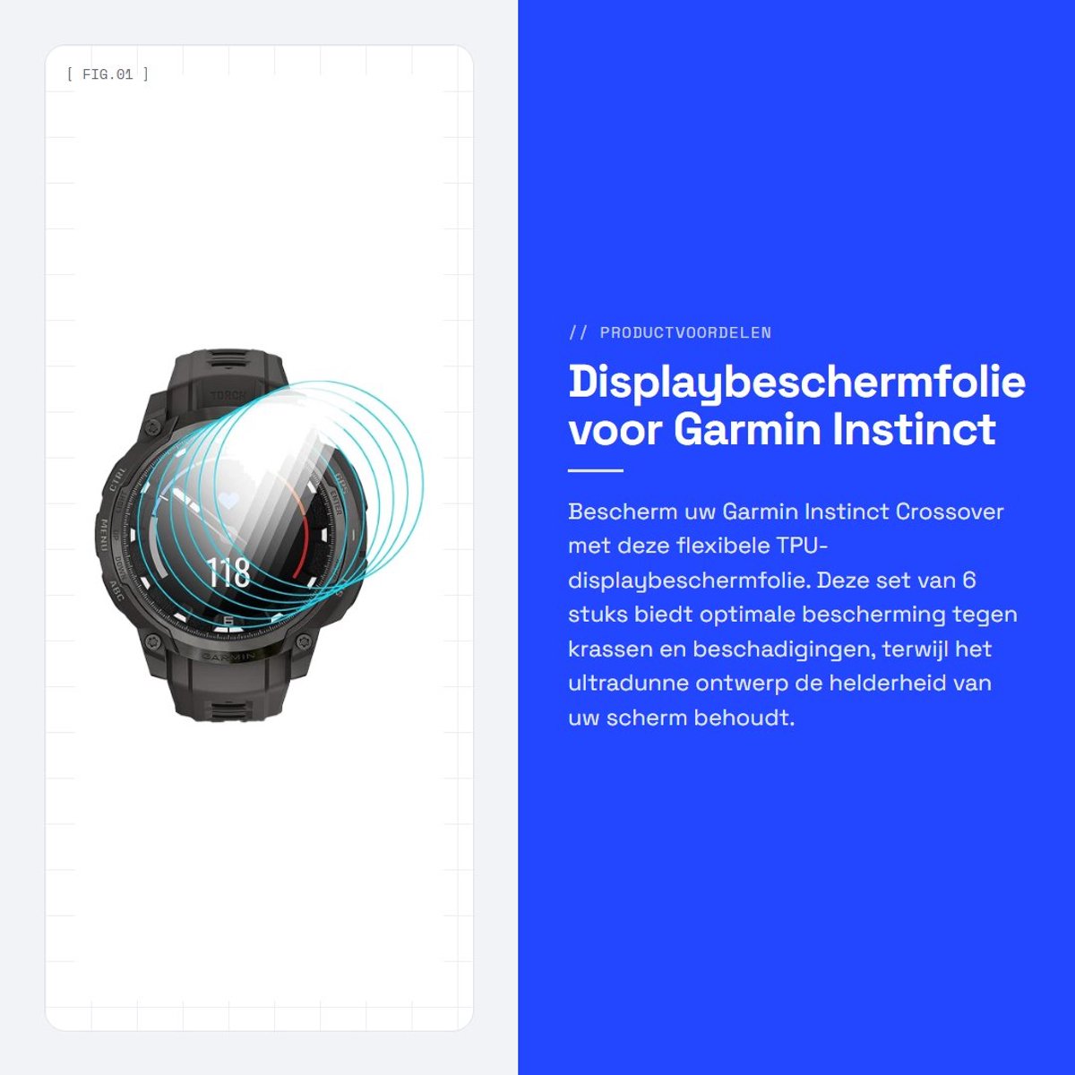 Dailygoods - Displaybeschermfolie voor Garmin Instinct Crossover [6 stuks]