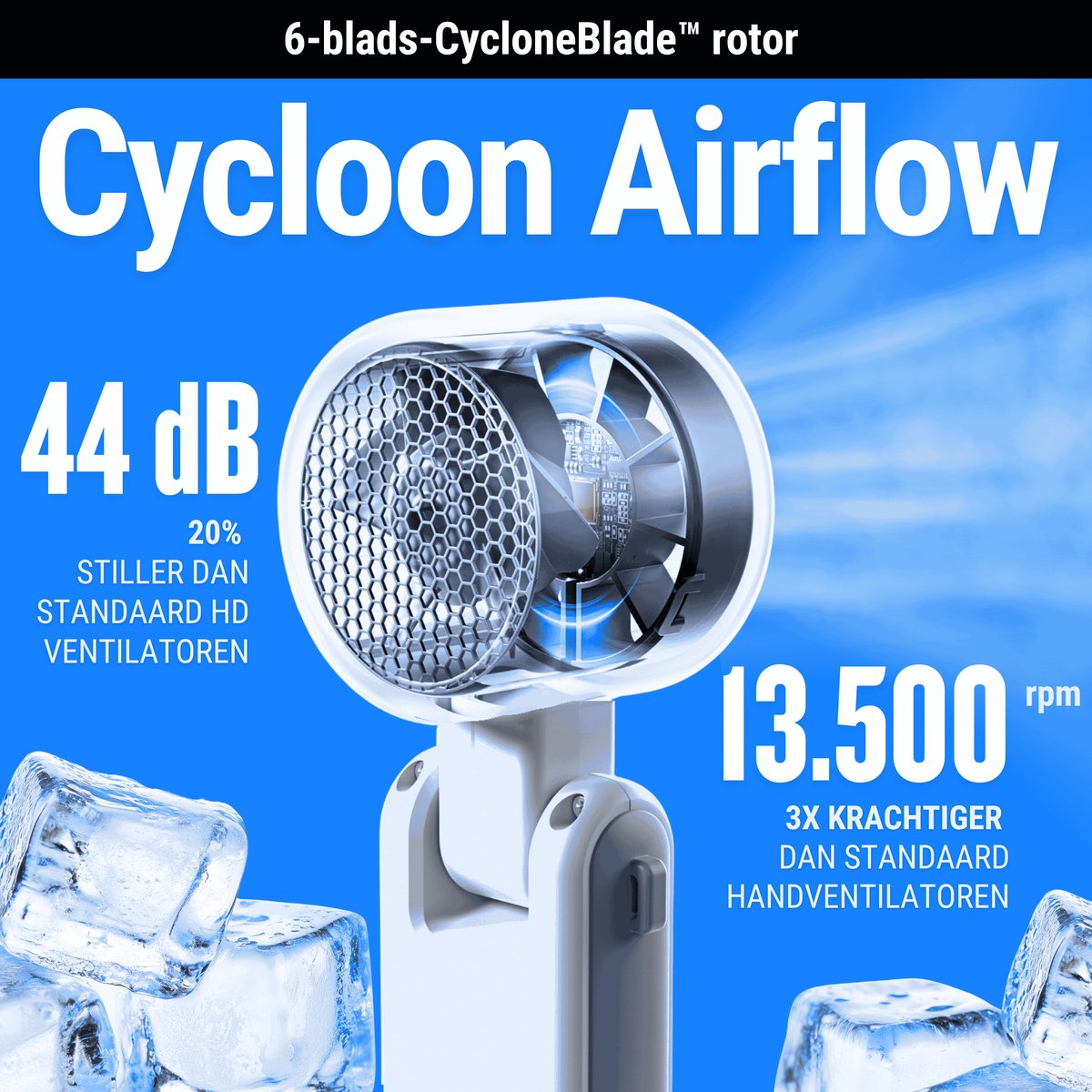 High-Speed Handventilator | CYCLONE Verkoelende Airflow | USB-C oplaadbaar | Intro 2026 | Krachtige 4.000 mAh lithium-ion oplaadbare batterij — afbeelding 2