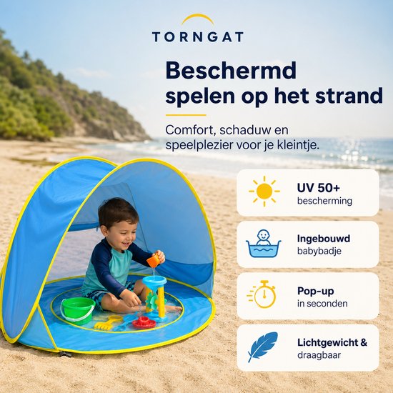 Torngat Baby Strandtent met Zwembad – Pop Up Babytent & Kinder Speeltent met UV 50+ Bescherming – Schaduw Boven je Baby, Water of Zand bij de Voetjes – Strandtentje voor Baby, Strand, Tuin, Balkon, Camping & Vakantie – Opvouwbaar & Draagbaar – Blauw — afbeelding 3