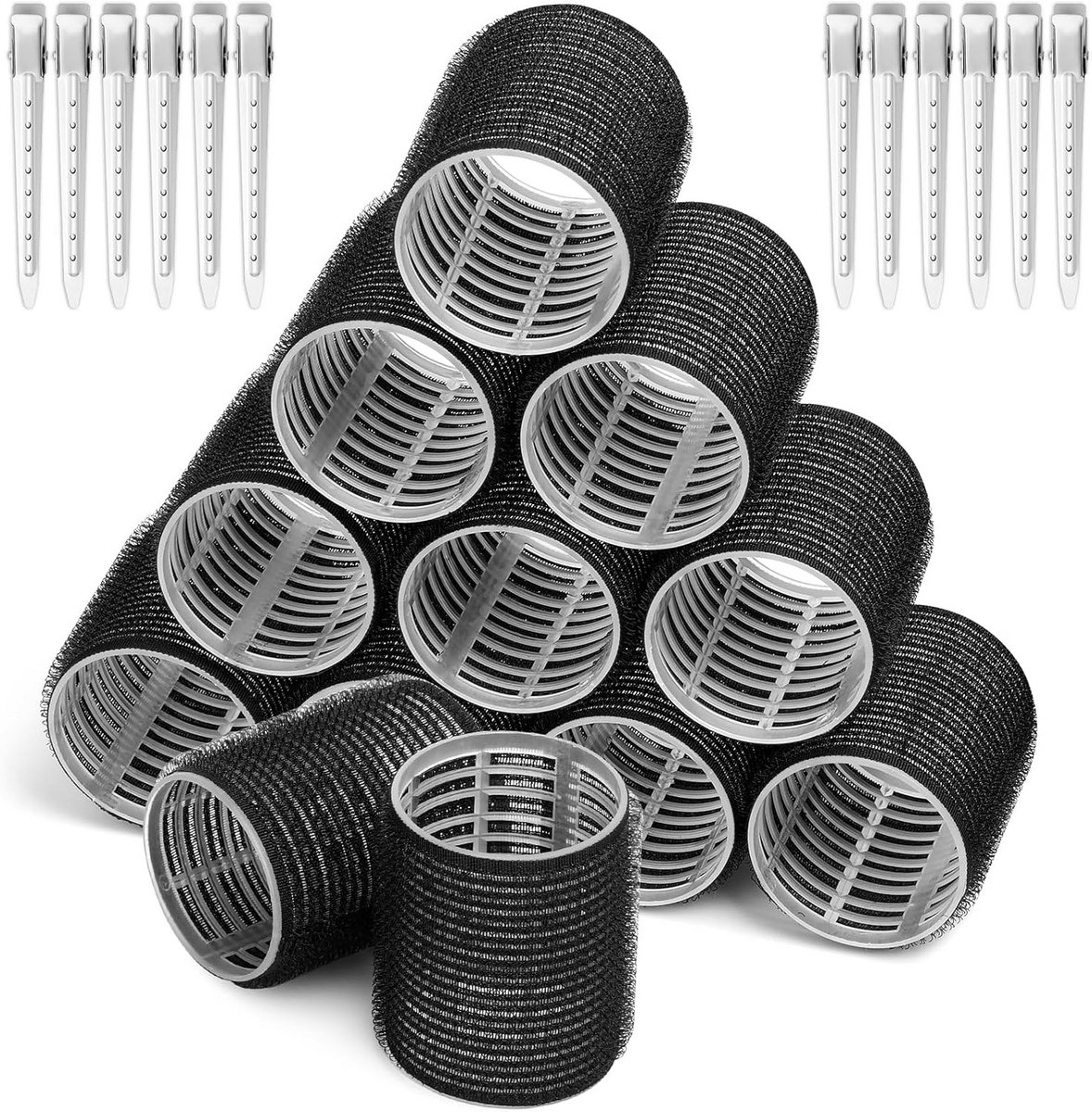 Haarkrulspelden rollers - Haarrollers set - Haar stylen - Zelfgrip holding - 12 stuks groot - Zwart