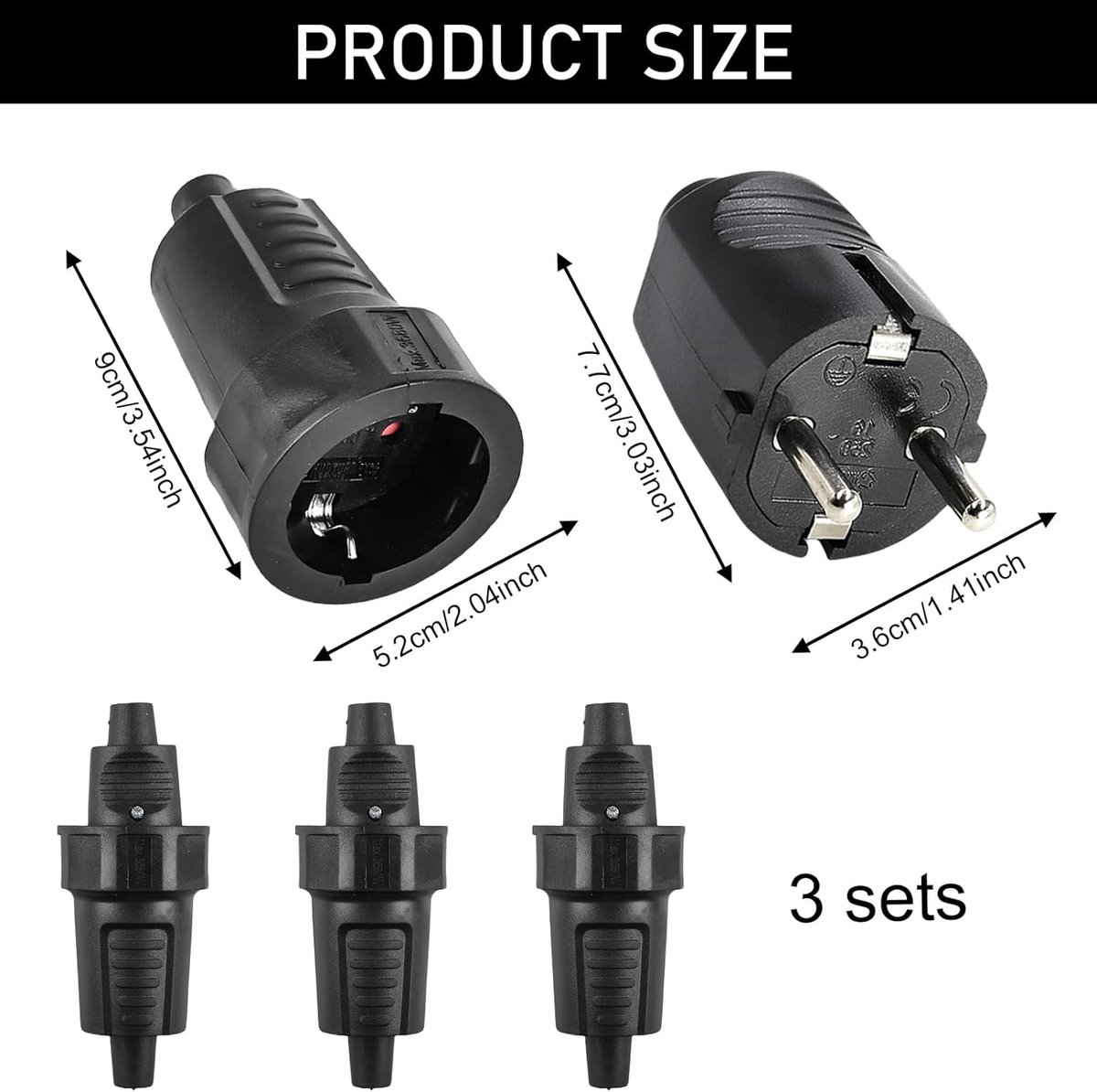 Stekkerkoppeling Set - Geaarde Koppeling - Stroom Verlengen - Waterdicht IP54 - 3 Stuks - Zwart