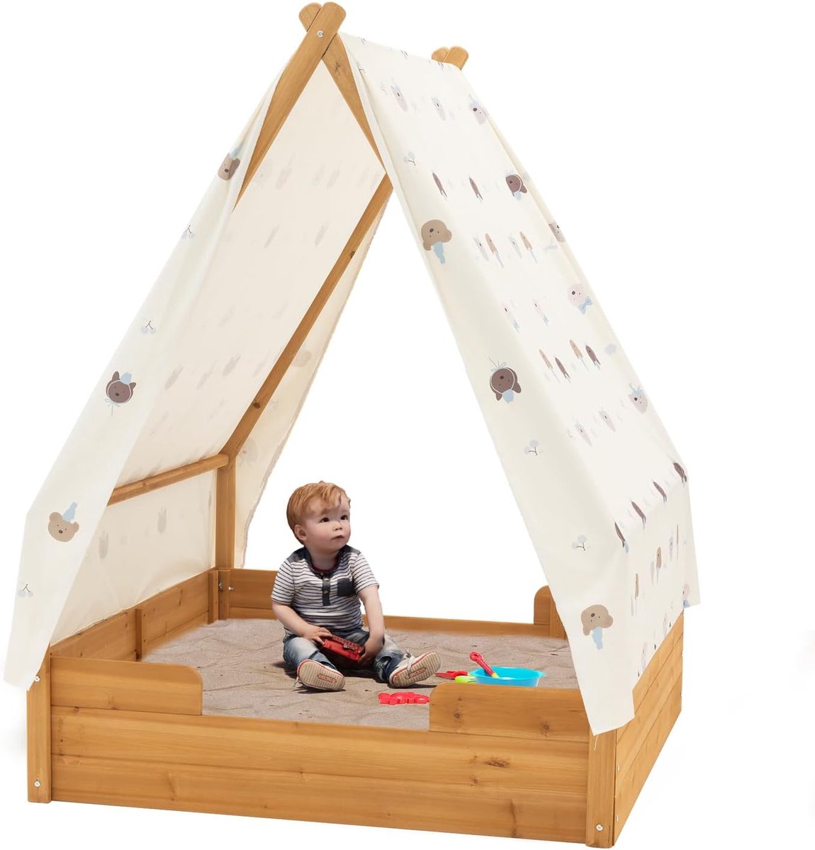 Houten Zandbak - Driehoekige Speeltent - Buiten Spelen - Met Luifel - 122 x 122 cm - Natuurhout