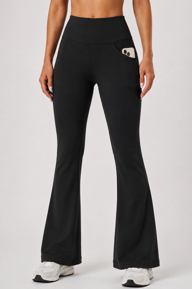 SparkNine Solara flare broek - L - zwart - hoge taille - uitlopend - voorzakken - stijlvol & comfortabel