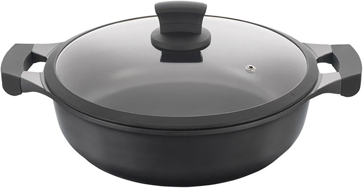 Gegoten Aluminium Stoofpan - Gietijzeren Pan - Langzaam Koken - 3-Laags Anti-aanbaklaag - 28 cm Diameter - Zwart