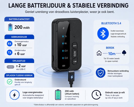 DrPhone BTConnect Bluetooth 5.4 Audio Adapter - Zender & Ontvanger - AUX 3.5mm - TV Auto Speaker van DrPhone — afbeelding 3