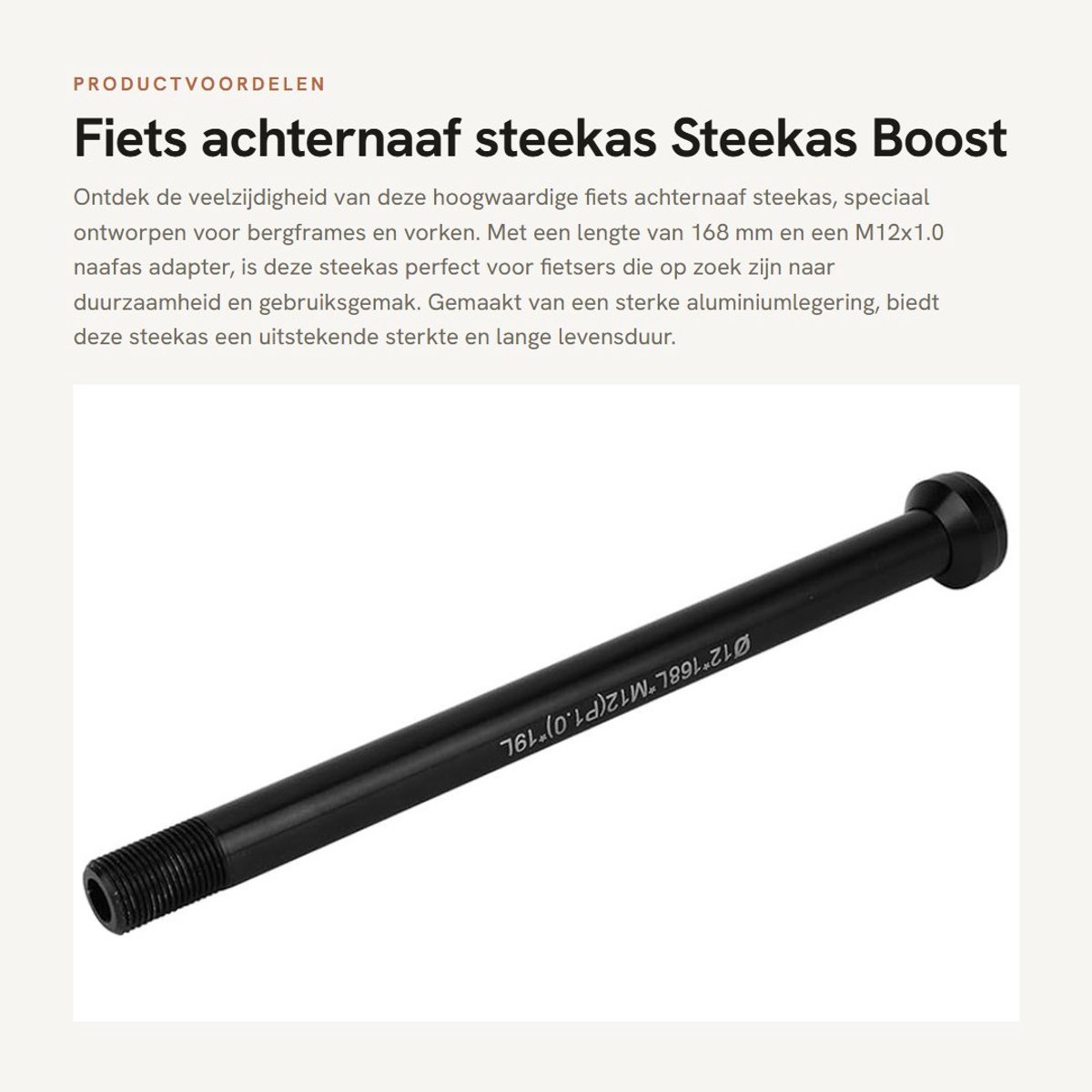 Dailygoods - Fiets achternaaf steekas - Steekas Boost - Aluminiumlegering - 168 mm lengte - M12x1.0 naafas adapter - Geschikt voor bergframes en vorken
