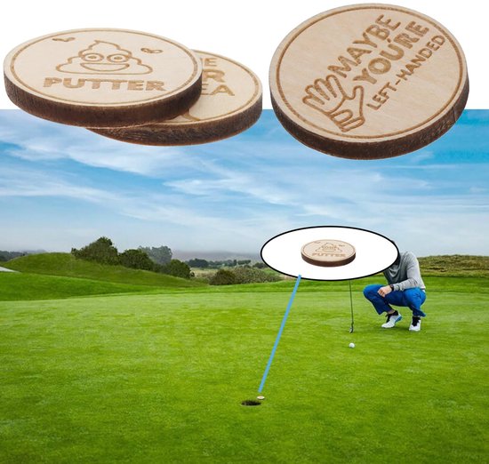 SnelShoppen - Set van 8 Golf Markers Houten Met Humor Laser Gegraveerd Voor Putting Green - 25mm Rond, Leuke Ontwerpen, Ideaal Cadeau Voor Golfliefheb van Snelshoppen — afbeelding 4