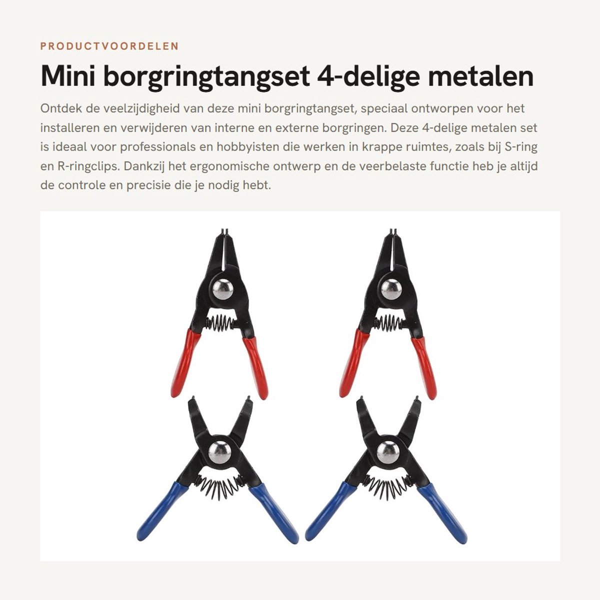 Dailygoods- Borgringtangset 4-delig - Universele Metalen Tang - Interne/Externe Borgveertang - Slijtvast/Stevig - Perfect voor Autoreparatie - Snap Ring Tang