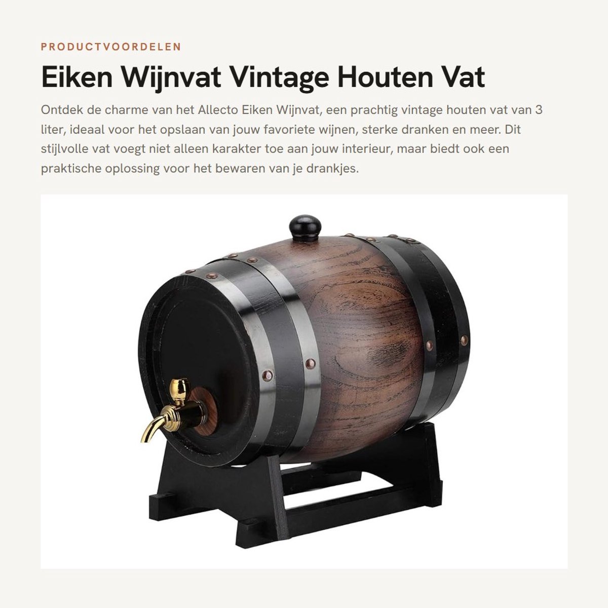 Dailygoods- Wijnvat 3L Eikenhout - Vintage Houten Container - Wijnvat Dispenser - Opslag Voor Wijn/Dranken - Hoogwaardige Materialen - Afmetingen 30x19x25 cm - Drankvat