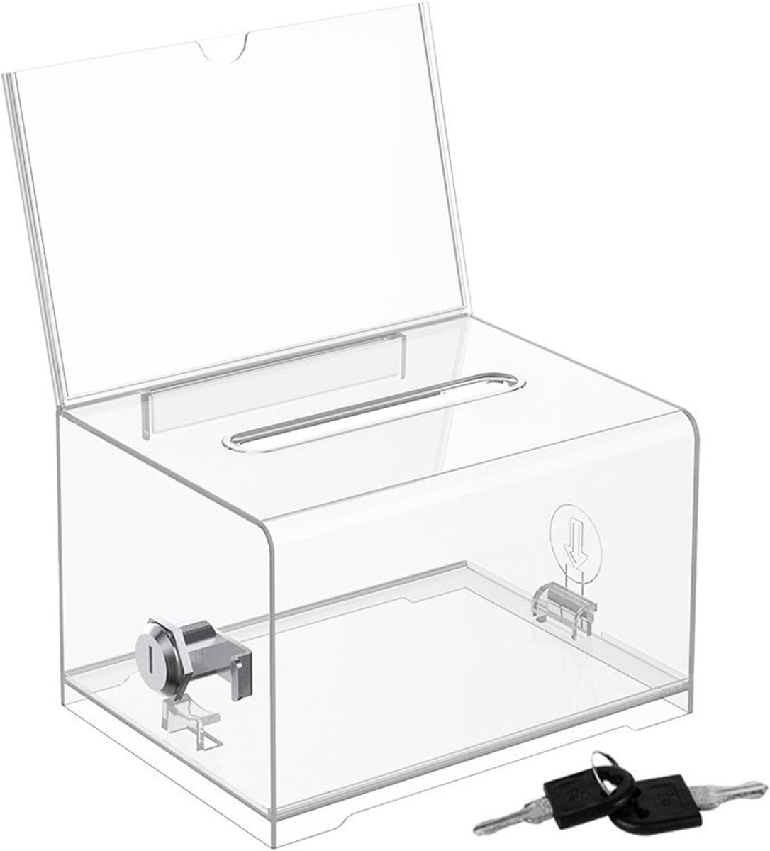 Dailygoods- Donatiebox met sleutelslot - Transparante stembus - Acryl - Lichtgewicht - Duurzaam - Inclusief schildhouder 16