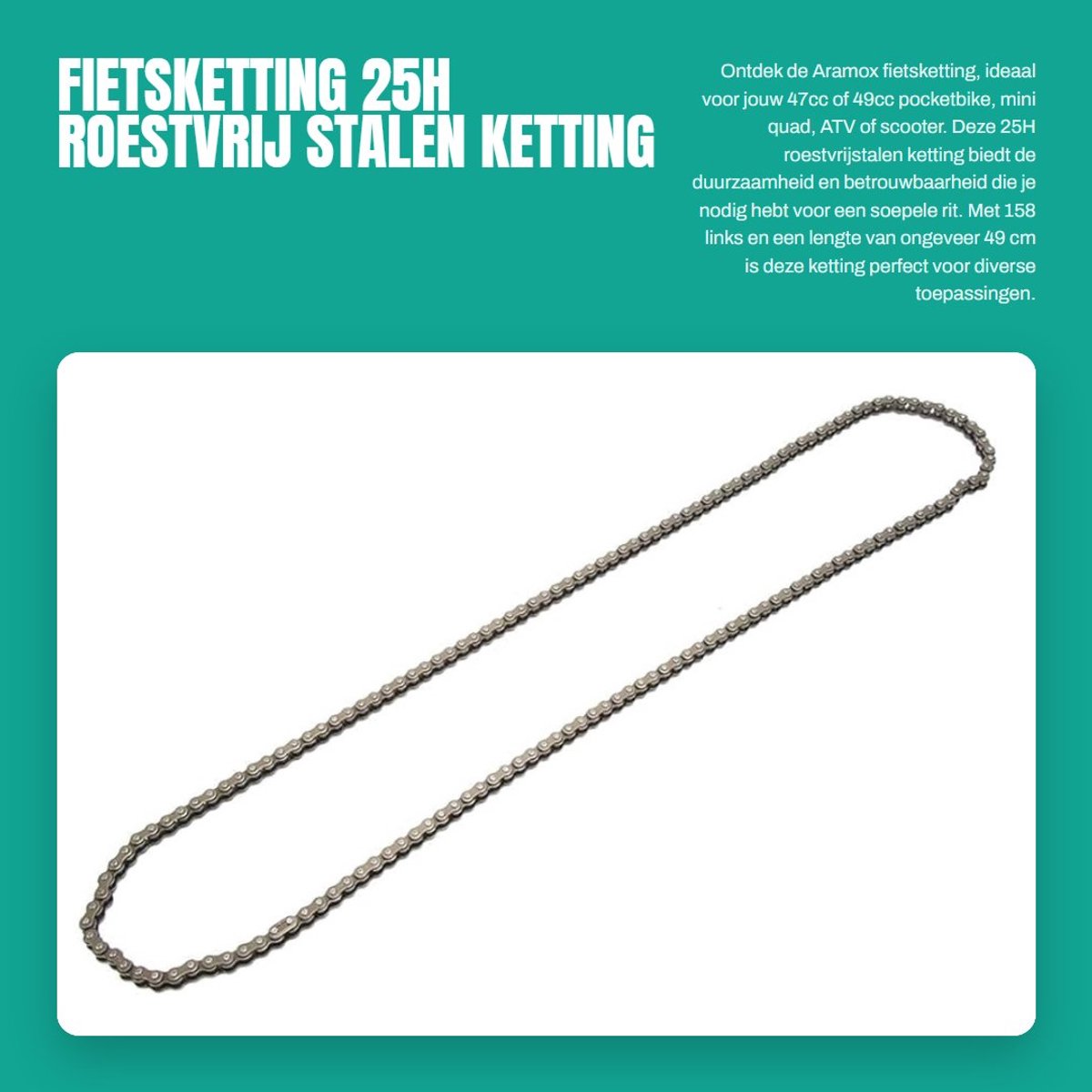 Dailygoods- Fietsketting Roestvrij Staal - 158 Links - 25H - Geschikt voor Mini Quad/ATV - Pocketbike/Scooter - Dikte 6 mm/Breedte 7,5 mm - Motorfiets Ketting