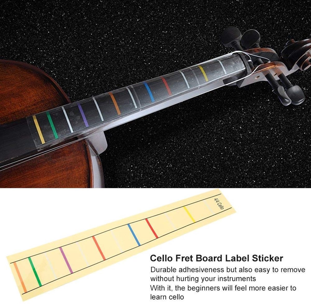 Dailygoods- Vingeretiketten Gloednieuw - Cello 4/4 - Kunststof - Maat 3/4 - Maat 1/2 - Maat 1/4 - Maat 1/8 - Cello Positiewijzer