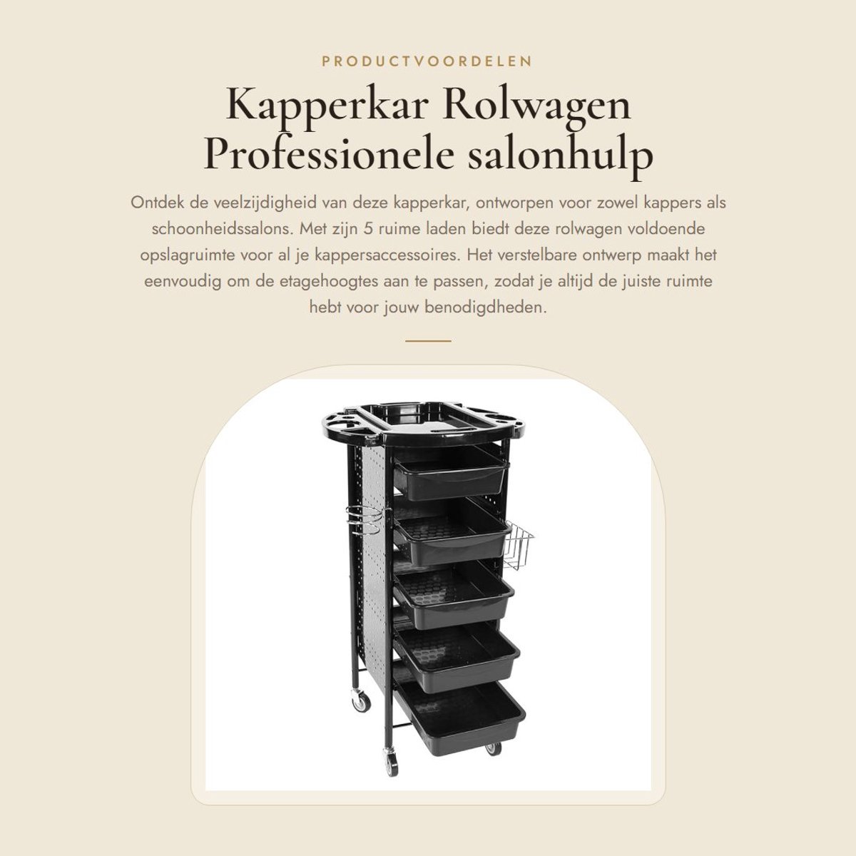 Dailygoods- Kapperkar Professionele Salonwagen - Trolley met 5 Laden - Verstelbaar Ontwerp - Föhnhouder - Opbergtafel - 53x44x95 cm